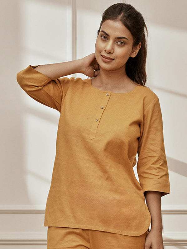 Women's Dusty Saffron Linen Cotton Round Neck Yoga Kurta